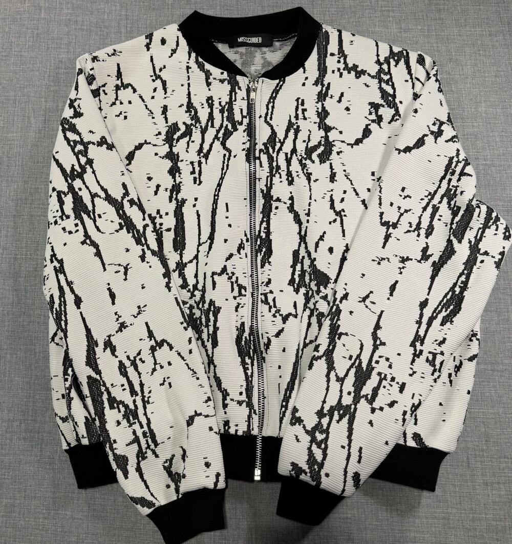 Missguided Womens Black White Abstract Print Bomber Jacket Full Zip L/XL